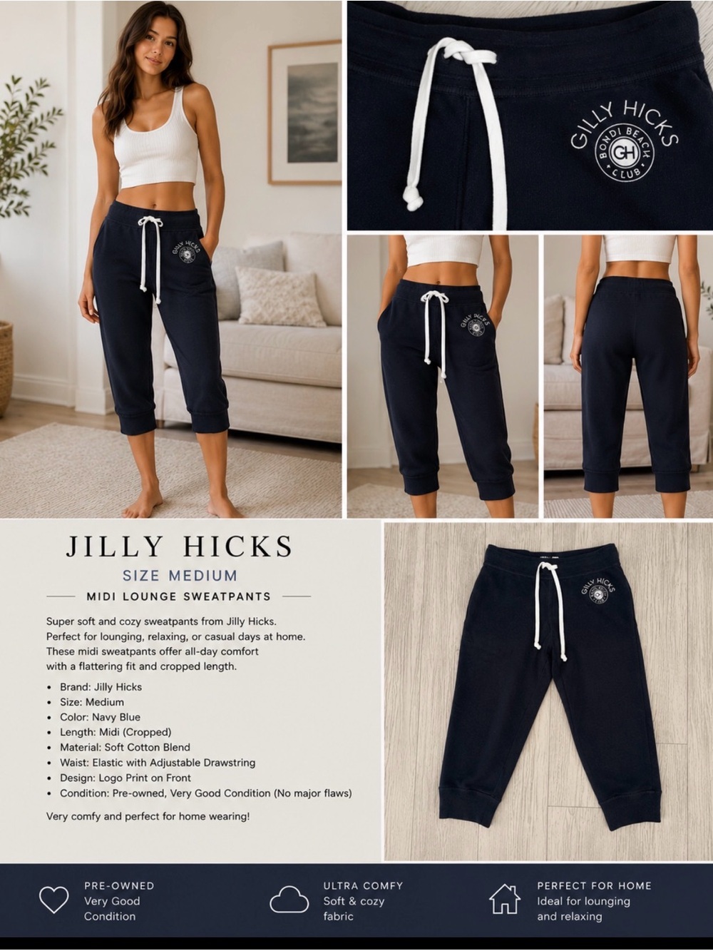 Gilly Hicks Navy Cropped Midi Sweatpants with White Drawstring